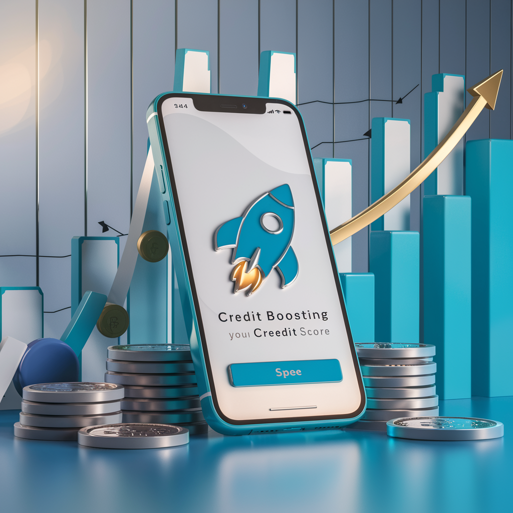 Image of a credit building app loading on a mobile phone with coins and money in the background
